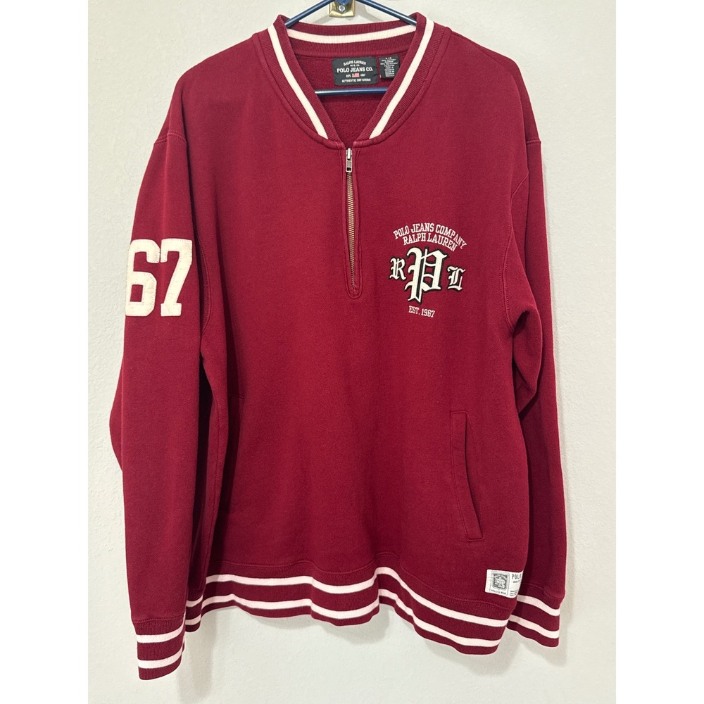 VTG Polo Ralph Lauren Sweatshirt Mens Large Red 1/4 Zip Varsity 67 Logo Pullover